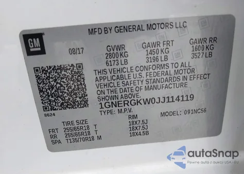 2018 Chevrolet Traverse 1Lt z USA, uszkodzony, nr VIN 1GNERGKW0JJ114119